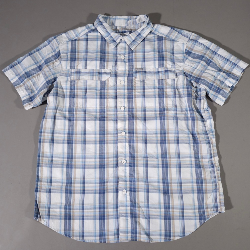 Columbia Button Front Shirt Mens Large Blue Plaid Omni-Shade AO0648 Short Sleeve